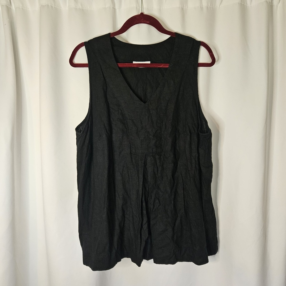 Croft & Barrow Womens Large Pleated V-Neck Tank Linen Blend Black Cool